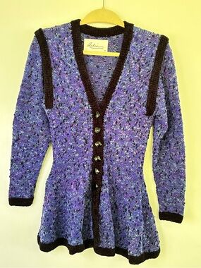 Vintage 80s ARLIN Hand Knit Silk Blend Peplum Cardigan Jacket Velvet Trim M
